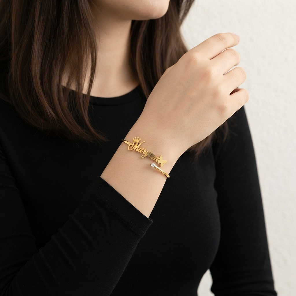 Cursive Butterfly Personalized Name Cuff Bracelet