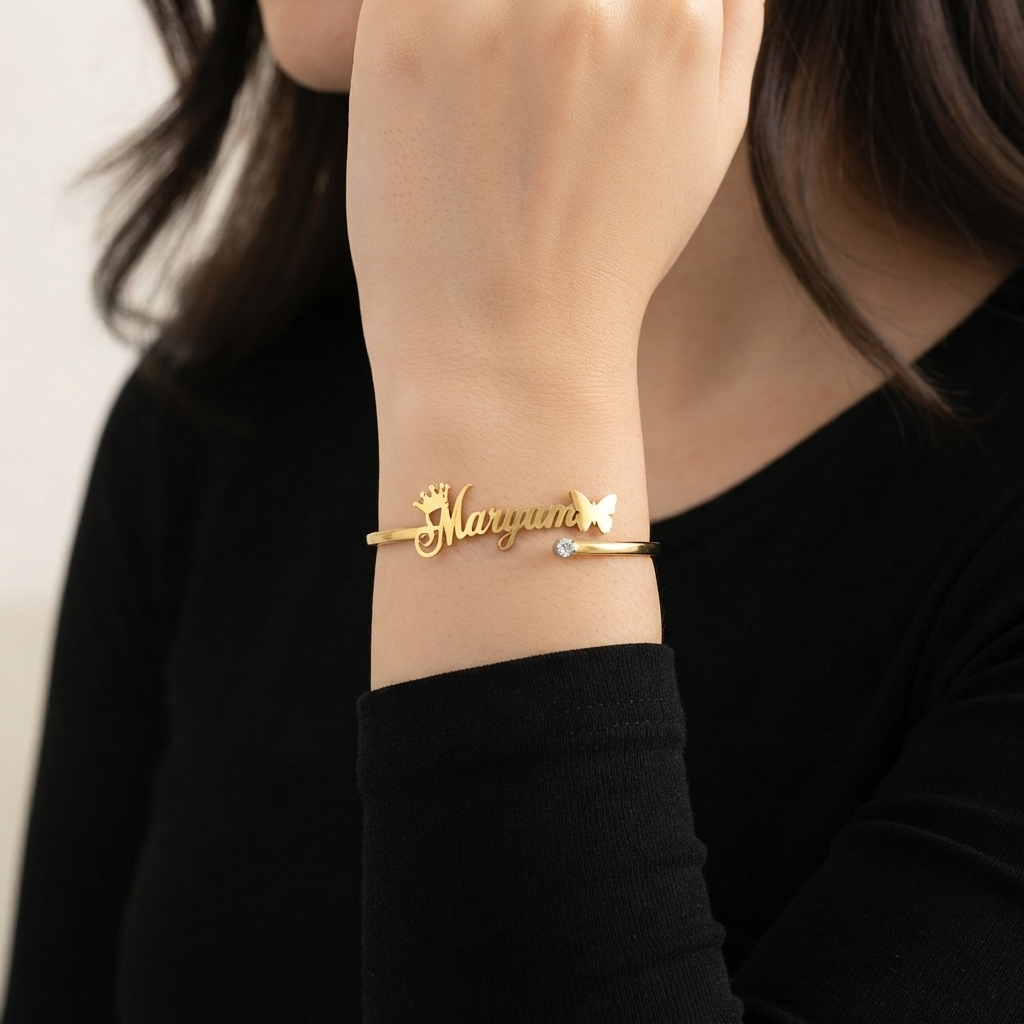 Cursive Butterfly Personalized Name Cuff Bracelet
