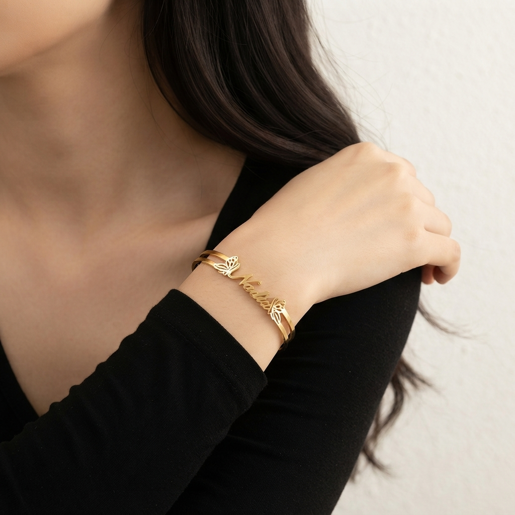 Twin Butterfly Personalized Name Cuff Bracelet