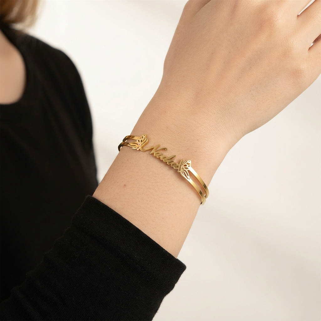 Twin Butterfly Personalized Name Cuff Bracelet