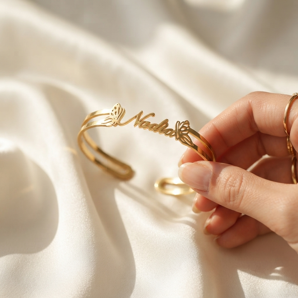 Twin Butterfly Personalized Name Cuff Bracelet