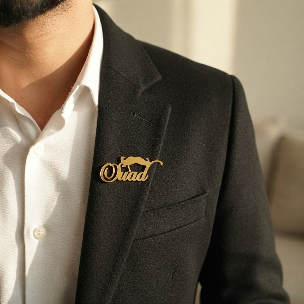 Cursive Mustache Name Brooch For Men