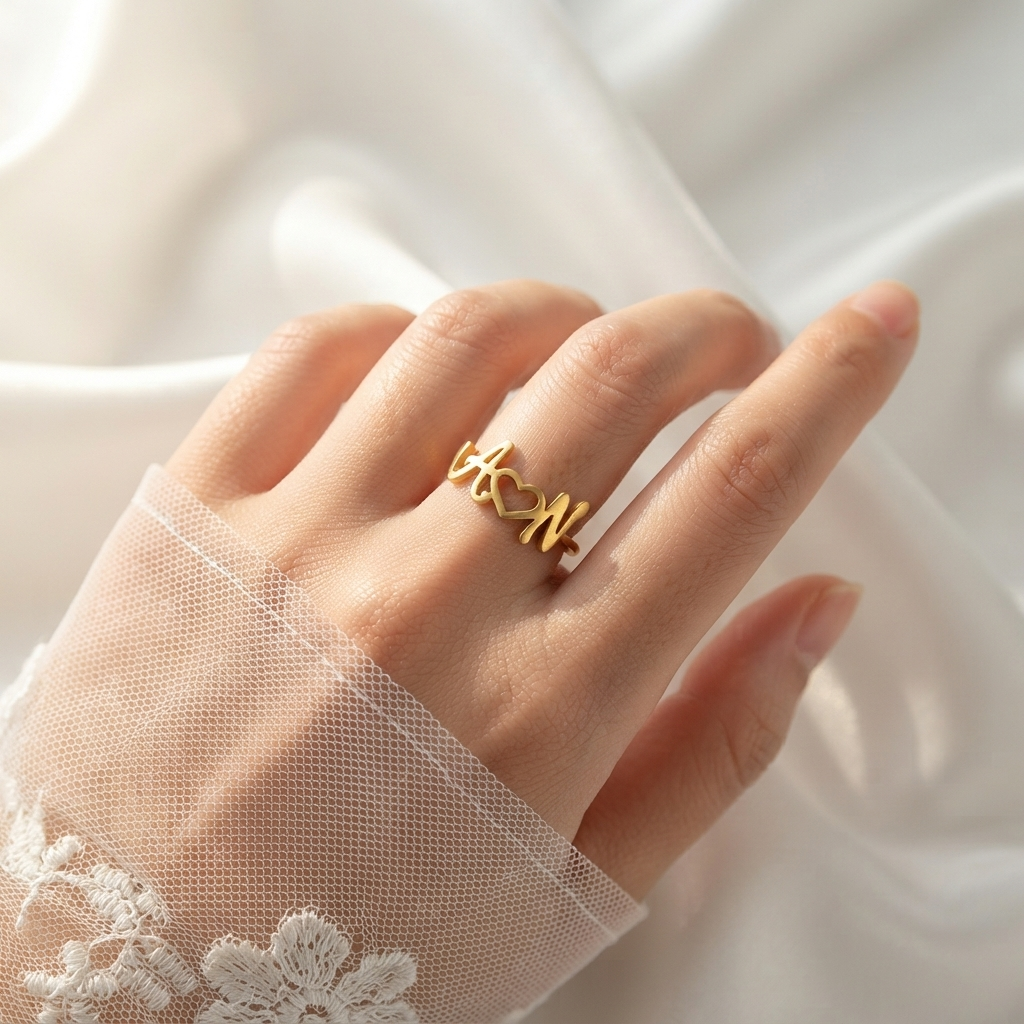 Initials Heart Name Ring For Women