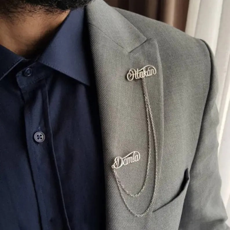 Personalized 2 Names Lapel Pin Brooch with Chain
