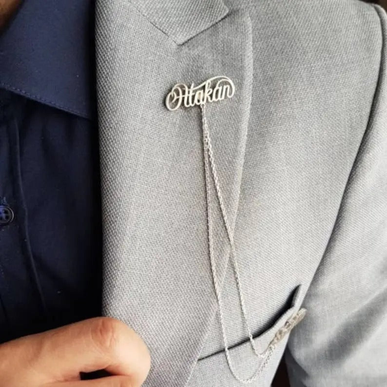 Personalized 2 Names Lapel Pin Brooch with Chain