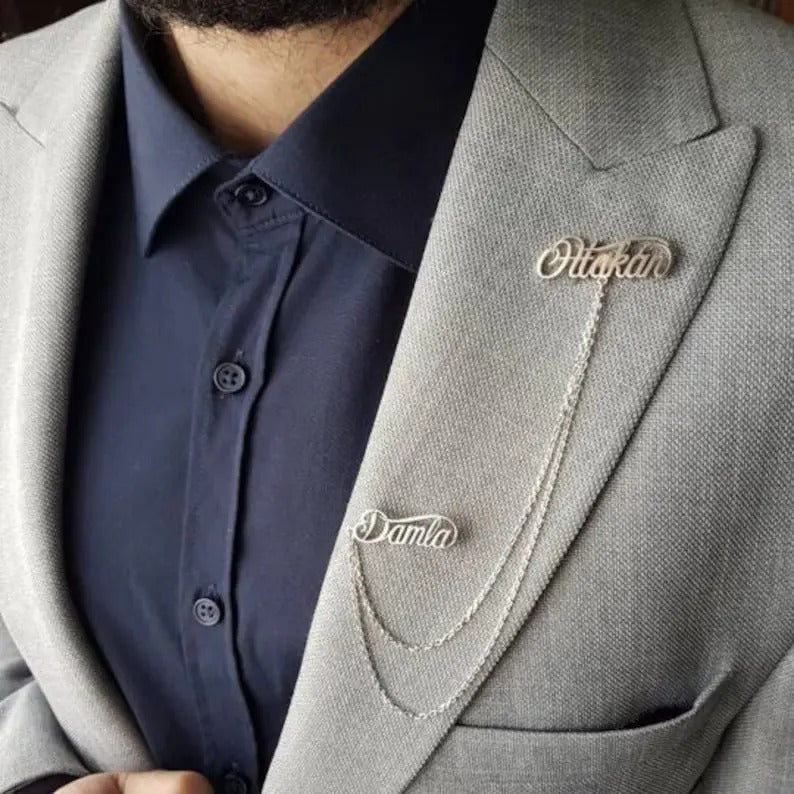 Personalized 2 Names Lapel Pin Brooch with Chain
